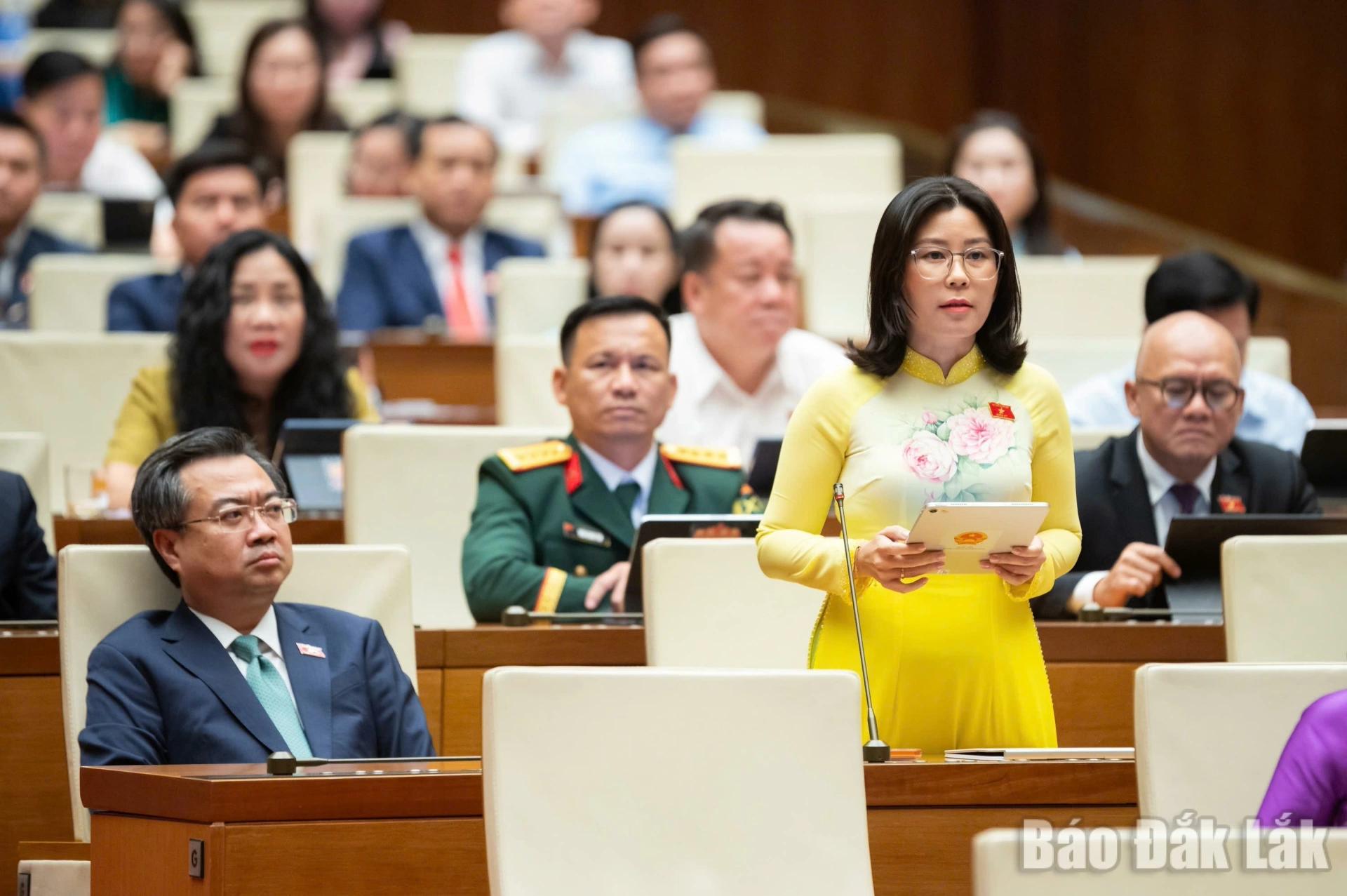 Đại biểu Lê Đào An Xuân, Tỉnh ủy viên, Phó Trưởng đoàn chuyên trách Đoàn ĐBQH tỉnh Đắk Lắk phát biểu tại phiên thảo luận. 